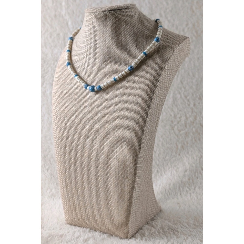 Blue White Beaded Choker Necklace Heishi Shell Style Beach Boho‎